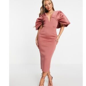 ASOS Dusty Rose Midi Dress with Puff Sleeves